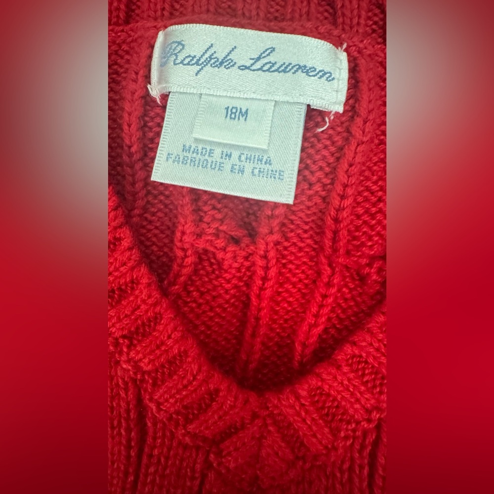 Ralph Lauren red V-Neck Pullover Cable Knit Sweater Vest Size: 18 Months. NWOT - Picture 3 of 6